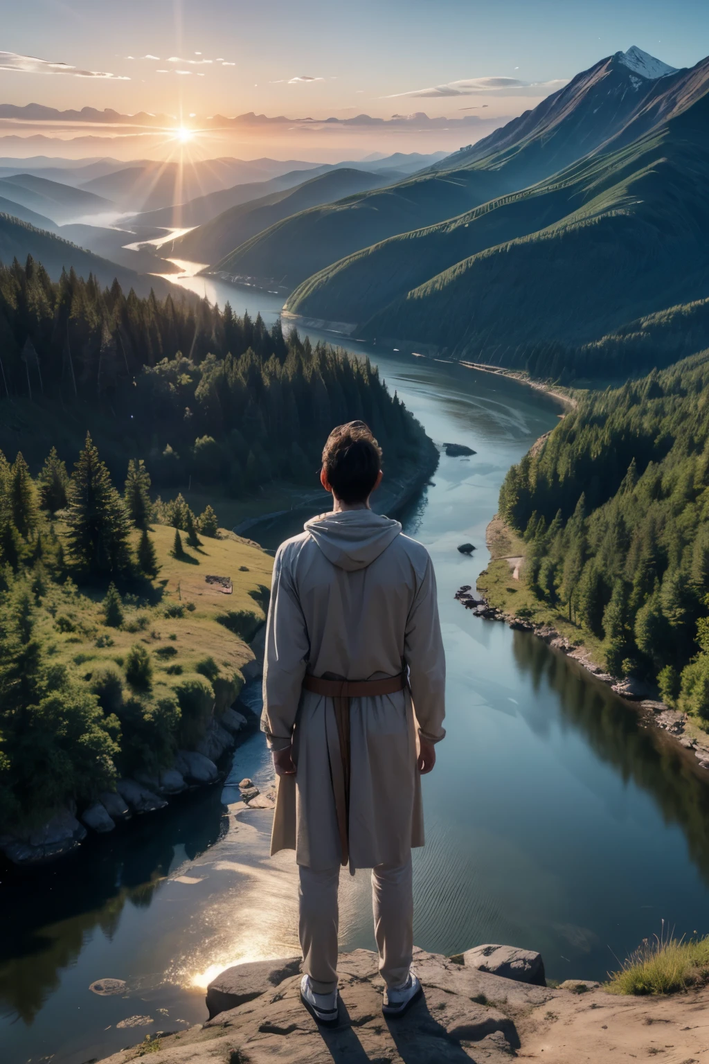 **Prompt de Imagem:**
"A man standing on top of a mountain at dawn, with arms open toward the sky, radiating confidence and serenity. Ao fundo, a sky gradually illuminated by the first rays of the sun, symbolizing the beginning of a new journey. Natural elements like trees and a river in the distance, representing connection with nature and the constant flow of life. The man has an expression of determination and peace, symbolizing your inner growth and overcoming challenges."