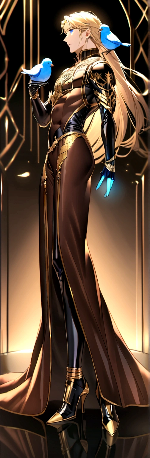 masculine, man) (just one model) (android) (blonde hair that reaches to the heels) (Blue eyes) (Slim and toned body) (She wears a tight brown bodysuit with gold details.) (laboratory background) (holding a bird in his hands) (very long hair that reaches to the heels) (man android con pájaros alrededor) (sitting with a bird perched on his hand)