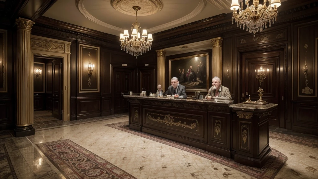 A weathered old man, worn clothes and tattered shoes, stands before a grand hotel entrance, a well-dressed receptionist eyeing him with disdain, (best quality,4k,8k,highres,masterpiece:1.2),ultra-detailed,(realistic,photorealistic,photo-realistic:1.37), detailed facial features, expressive eyes, detailed wrinkles, detailed clothing textures, opulent hotel lobby, luxurious decor, dramatic lighting, social commentary, cinematic composition, muted color palette, chiaroscuro lighting