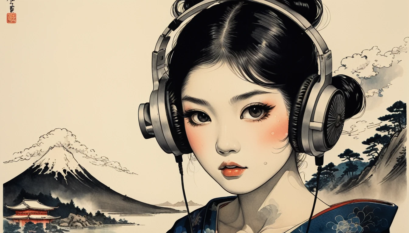 (((Smoking a smoke tube))), TATOO on the face, Highest quality, Katsushika Hokusai, Ink Painting, (((1 girl))), Japanese style headphones, beautiful girl, Black Hair, Delicate and precise, Modern ukiyo-e style, Darkness