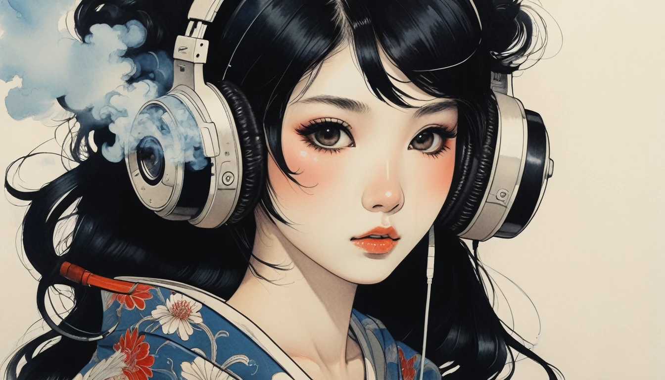 (((Smoking a smoke tube))), TATOO on the face, Highest quality, Katsushika Hokusai, Ink Painting, (((1 girl))), Japanese style headphones, beautiful girl, Black Hair, Delicate and precise, Modern ukiyo-e style, Darkness