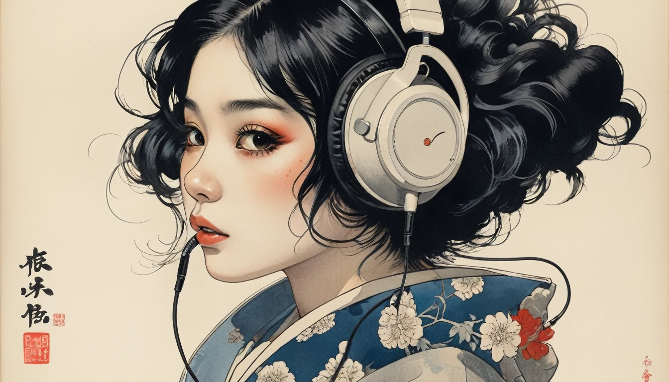 (((Smoking a smoke tube))), TATOO on the face, Highest quality, Katsushika Hokusai, Ink Painting, (((1 girl))), Japanese style headphones, beautiful girl, Black Hair, Delicate and precise, Modern ukiyo-e style, Darkness