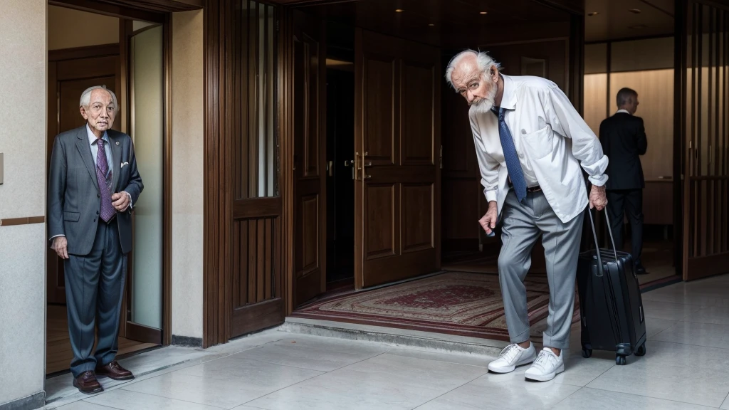 An elderly man in simple clothes and worn-out shoes trying to enter the reception of a five-star hotel, with a well-dressed receptionist looking at him with disdain.