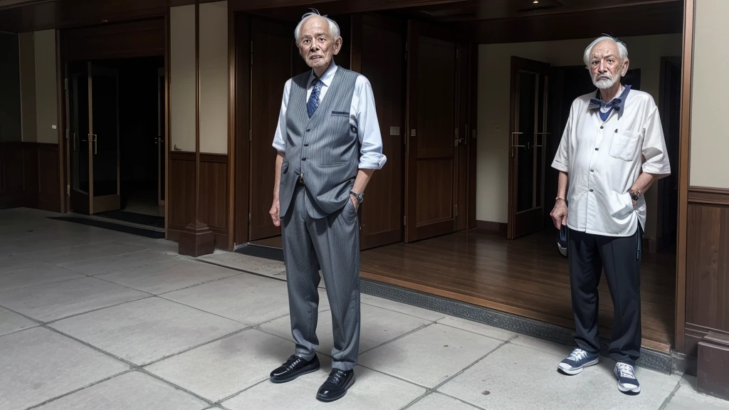 An elderly man in simple clothes and worn-out shoes trying to enter the reception of a five-star hotel, with a well-dressed receptionist looking at him with disdain.