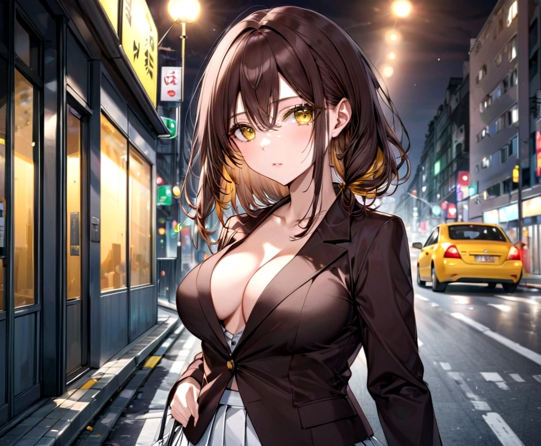 1 Girl、Brown Hair、semi-long、、blazer、Pleated skirt、solo、Yellow Eyes、Highest quality、Masterpiece、Clear focus、Large Breasts、Perfect body、cute、Fine eyes、On the way home、