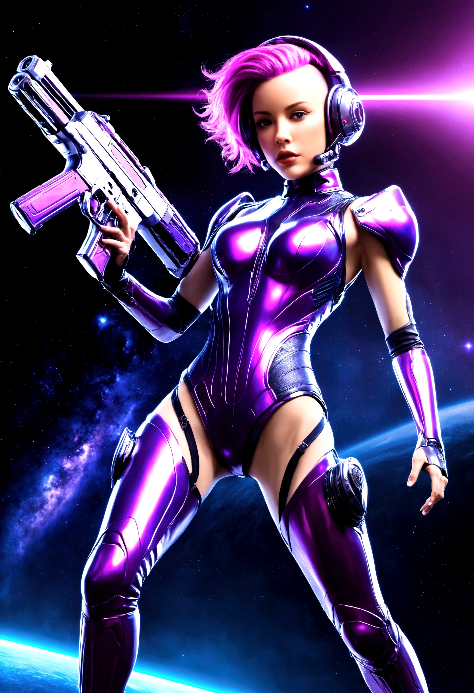 Luciwilde is a sexy cyborg with a entirely electric purple metallic body(obviously mechanical), metal helmet stylized as a fashion model hairdo (no hair visible), and a completely human face. She is flying through space propelled by jets in her feet. She has a guitar with a laser rifle built into it. Full body shot, show all of her, action pose with her weapon, best quality, extreme attention to detail, beautiful face
