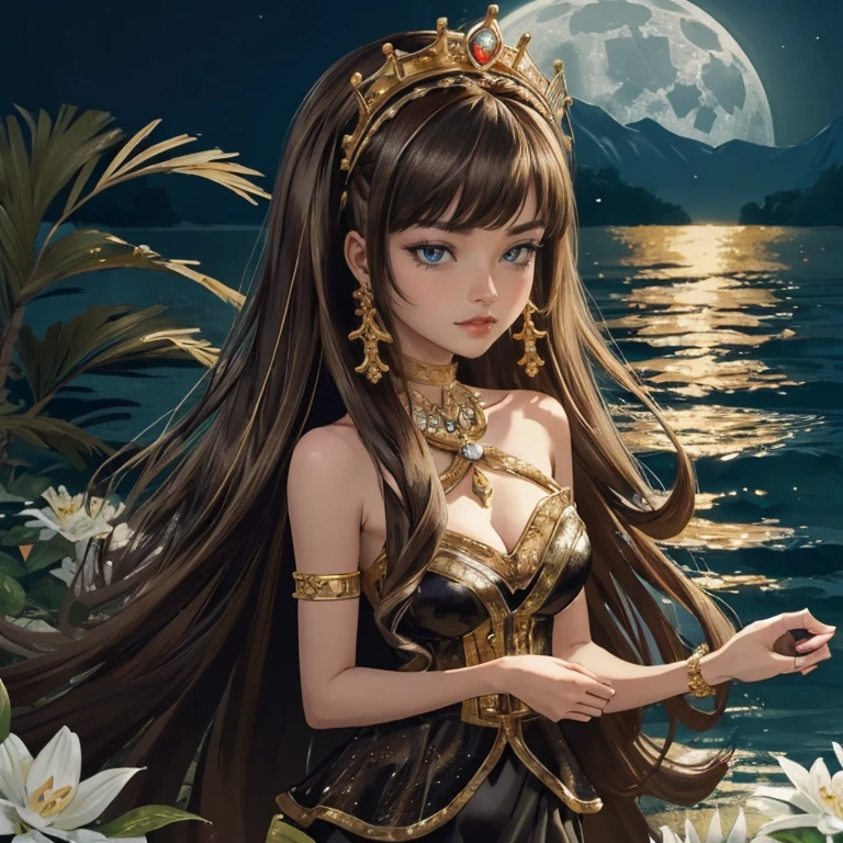 ((high quality)), ((Work of art)), (more detail), 1girl, centered, award winning upper body portrait, cowboy shot, solo, brown hair, long hair, wave hair, smiling, gold lanterns, Cleo de Nilo_(monster high), Monster High, looking at the viewer, masterpiece, best quality, detailed face, night, lake scene, seat on the water, black swim suit, frills, gold details on her clothes, waterfall, white flowers on focus, full moon, night, flowing hair, crystals, sparkles, oasis, lake scenery