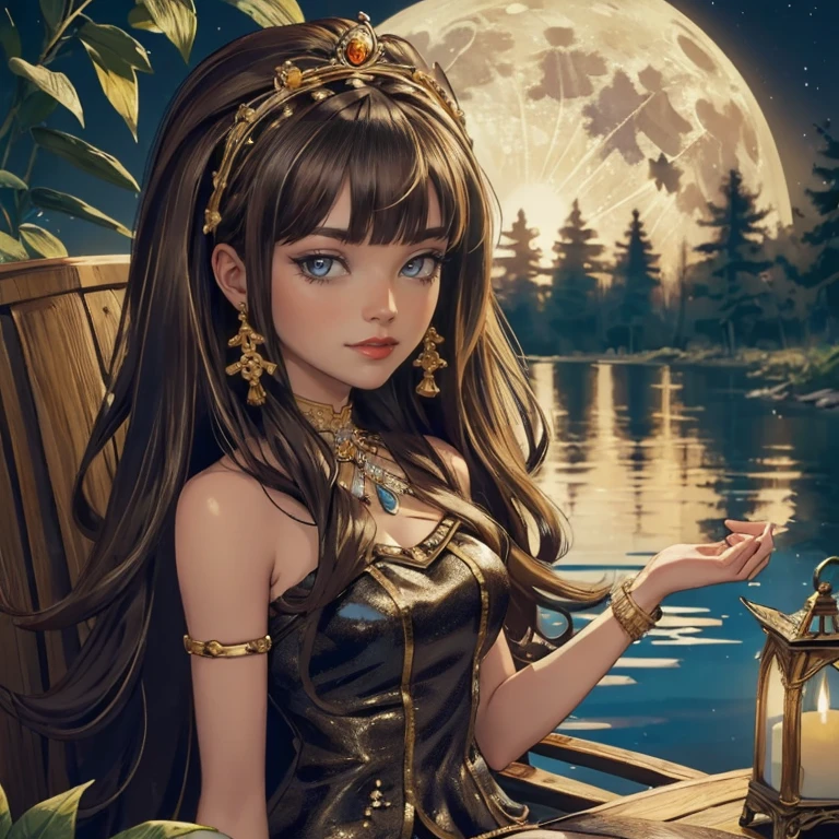 ((high quality)), ((Work of art)), (more detail), 1girl, centered, award winning upper body portrait, cowboy shot, solo, brown hair, long hair, wave hair, smiling, gold lanterns, Cleo de Nilo_(monster high), Monster High, looking at the viewer, masterpiece, best quality, detailed face, night, lake scene, seat on the water, black swim suit, frills, gold details on her clothes, waterfall, white flowers on focus, full moon, night, flowing hair, crystals, sparkles, oasis, lake scenery