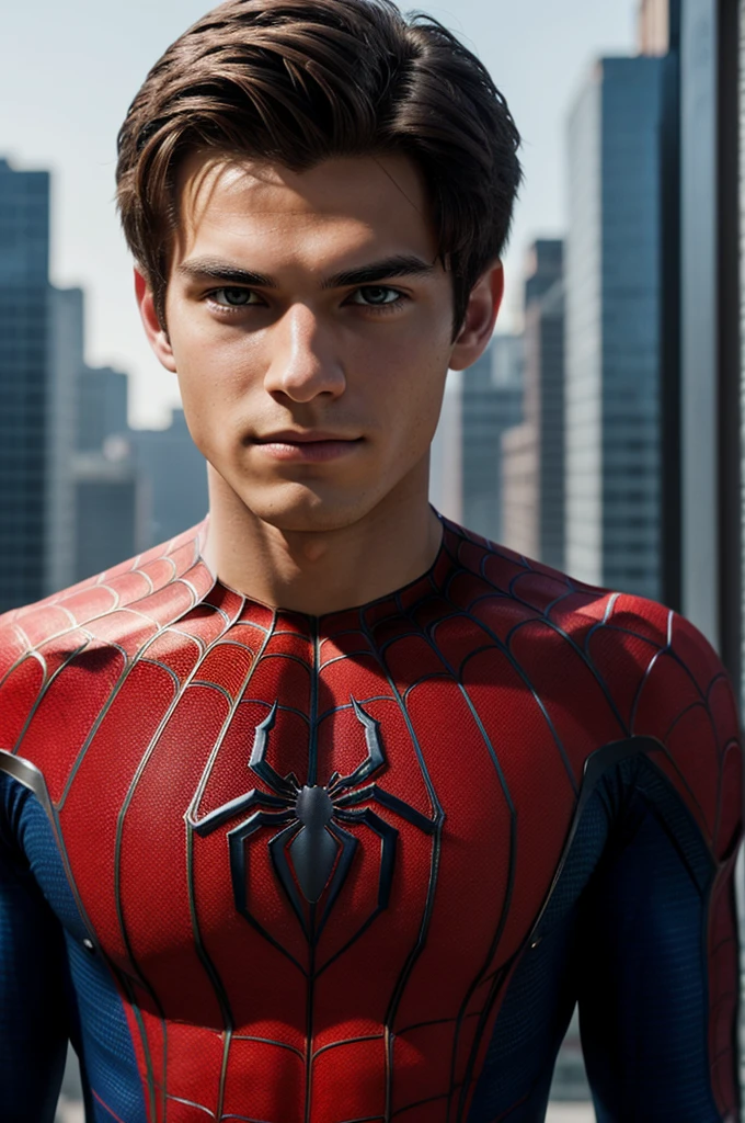 A photograph of spider man, no mask, 20 yo, handsome, detailed face, looking at camera, portrait, 8k uhd, high quality