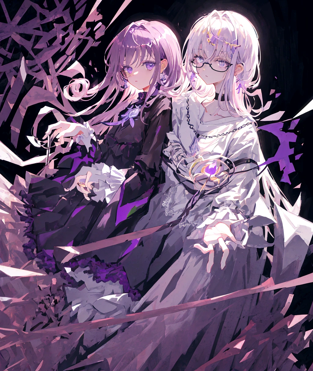 1. **Style and setting:** - The illustration must have a detailed and realistic anime style. - The setting must be dark, with predominantly purple and lilac tones, suggesting a nocturnal or dark interior atmosphere. 2. **Main character:** - **Face and expression:** - The character must have a young and feminine face, with a serene and slightly pensive expression. - Large and bright eyes, deep violet with luminous details. - Long and defined eyelashes. - Soft and well-defined lips, with a slight pink sheen. - **Hair:** - Deep purple hair, with lighter highlights to give depth and volume. - Hairstyle with soft curls and volume, partially gathered with a decorative clip. - The clip must have details in pastel colors, especially pink and yellow, with a delicate design. 3. **Accessories:** - **Glasses:** - Thin-framed, translucent glasses in lilac tones. - Large glasses that frame the character's eyes well. - **Jewelry:** - Long, elegant earrings with details in purple and silver tones. - Delicate necklace with a small pendant, with silver details and a touch of lilac. - Dark purple ribbon choker with a minimalist design. 4. **Clothing:** - **Top:** - Black blouse with lace details on the edges. - Moderate V-neckline, showing an additional necklace with a simpler design. - **Accessories:** - A light jacket or cape over the shoulders, also in dark tones, probably black or a very dark purple. - Additional details in the clothing should include small flashes or reflections that follow the predominant color scheme. 5. **Background:** - Dark background, but not completely black, with subtle gradients of purple and dark blue. - Add diffuse elements in the background to give depth, such as soft, diffused lights that suggest a dim room or interior space. - Include a thin frame around the illustration in a shade slightly lighter than the background, to highlight the main character.