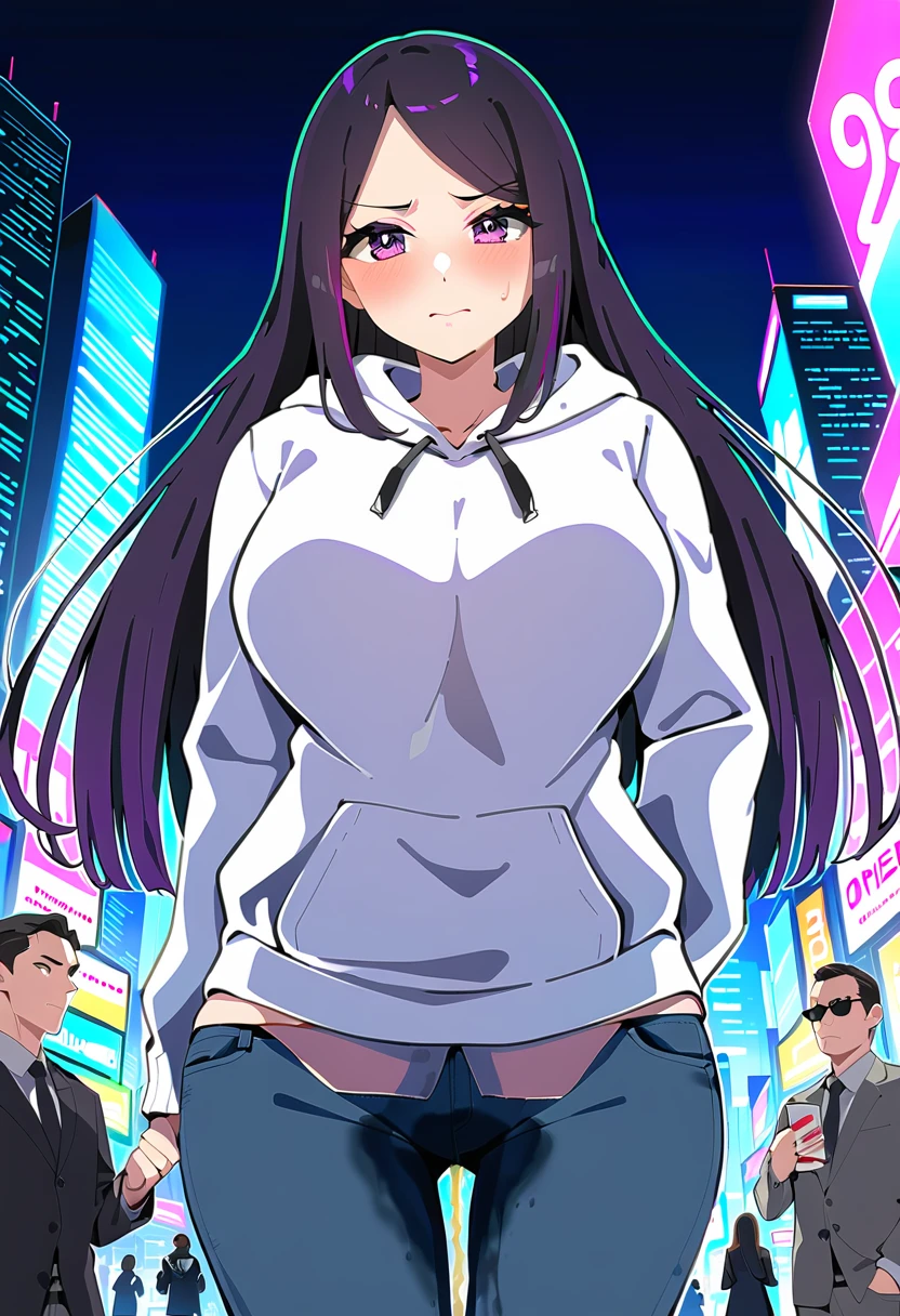 (masterpiece:1.37), best quality, (extremely detailed:1.37), woman, (mature:1.5), (adult:1.5), large breasts, very long hair, (straight hair:1.5), dark purple hair, purple eyes, (extremely detailed eyes:1.37), hoodie, jeans, desperation, wetting self, standing, embarrassed, humiliation, blushing, angry, city, futuristic, neon lighting, high-tech, street