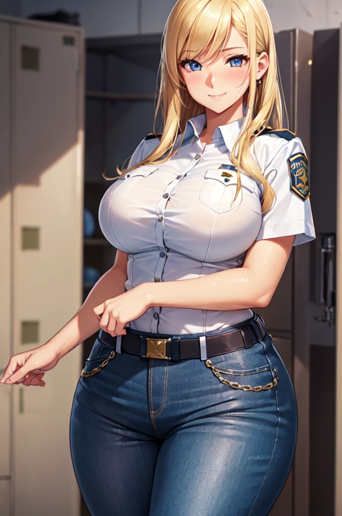 (High quality, High resolution, Fine details, Realistic), Locker room, Women police officers' clothing, long pants, solo, Curvy women, Blonde hair, sparkling eyes, (Detailed eyes), smile, blush, Large breasts, Sweat, Oily skin, Shallow depth of field