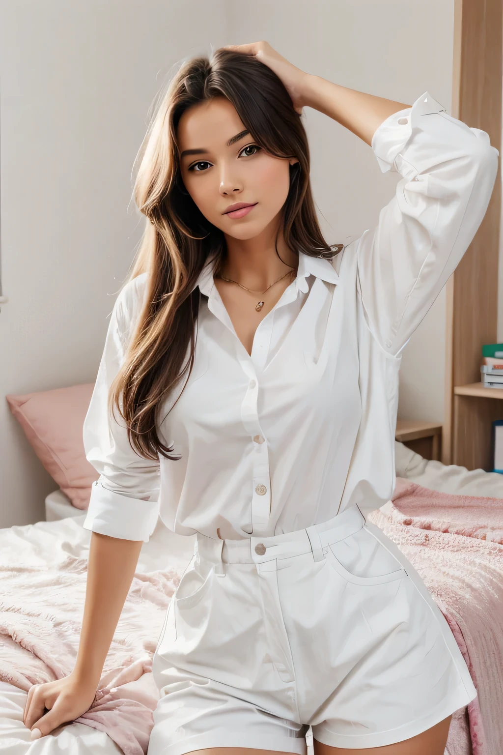 a girl just in a white shirt in her room