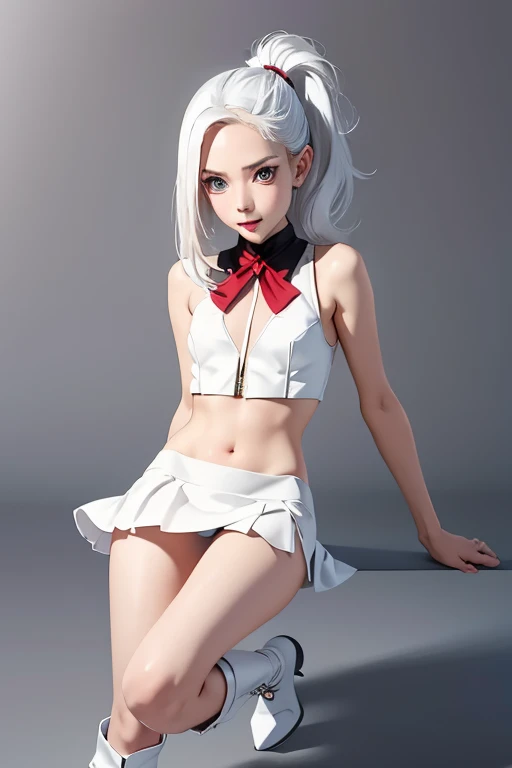 Highest quality　High resolution　Simple　Funeral Freelen　A cute girl cosplaying as Frielen　White Hair　Pointed Ears　White shiny outfit　mini skirt　boots　head to feet