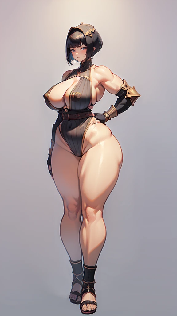 (masterpiece), best quality, female warrior, huge girl, female muscular:1.2, (curvy:1.9), (thick thighs:1.4)(((blank background))), ((full body)), fingerless gloves, sandals, (shoulder armor), covered nipples, ((buzzcut hairstyle)), black hair, hair over eyes, ((very big legs:1.4)), sideboobs