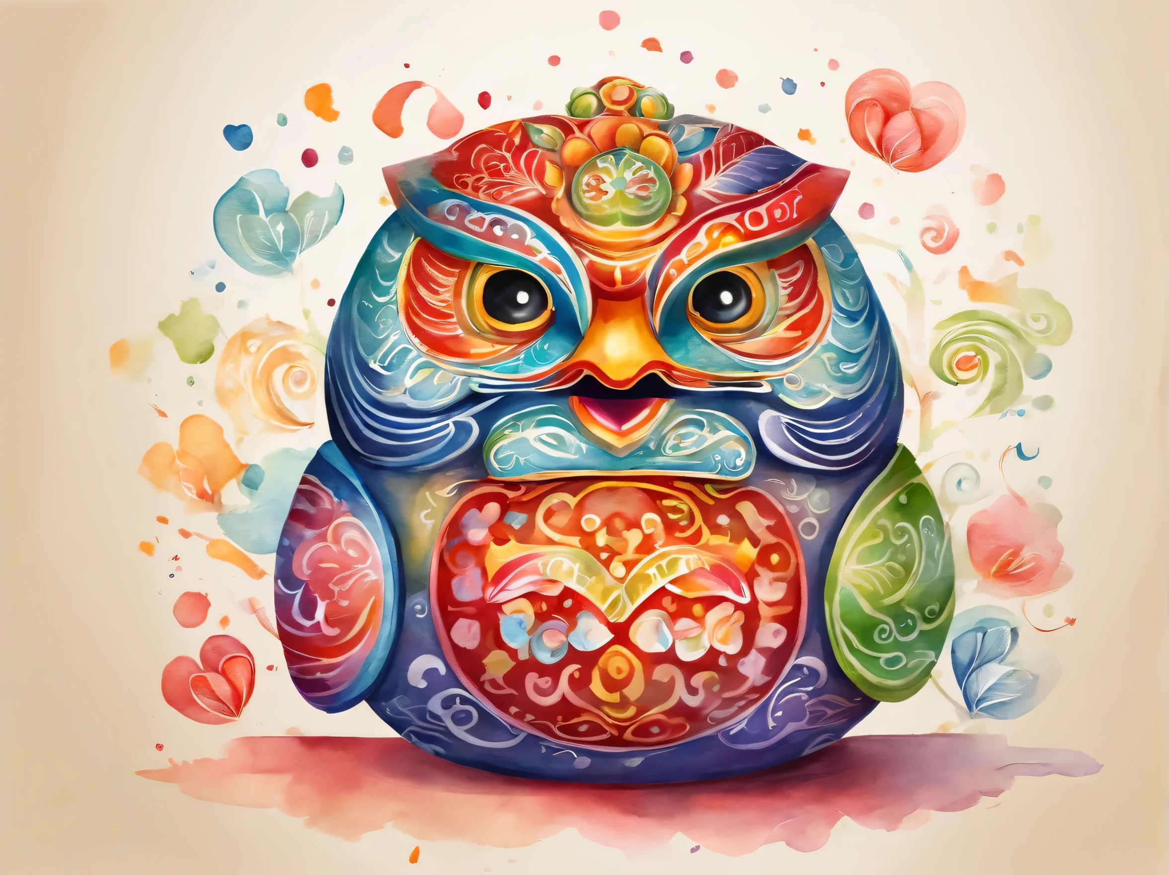Japanese lucky charms、Illustration of a Daruma figurine. It has a design that looks like it was drawn in one stroke, like calligraphy. The Daruma figurine is painted in rainbow colors with a gradation.、Smiling。
To the viewer、A gorgeous design that brings happiness. A very cool, chic and modern design. The background is white 4K.