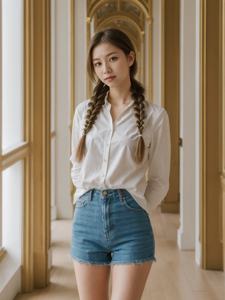 her name is Asako, high quality, 1girl, ((20-year-old fit Caucasian woman)), ((20 years old)), ((slim)), ((Fishtail Braid hair)), pose: standing, wearing aesthetic Generation-Z modern wear different colored, BACKGROUND:"Inside the Hermitage Museum, exploring its lavish halls filled with masterpieces."