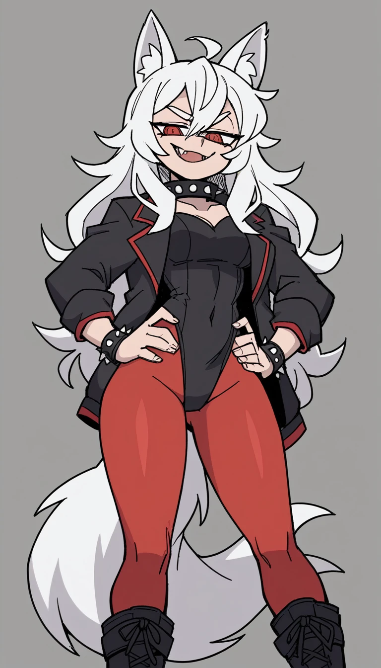 zPDXL, score_9, score_8_up, score_7_up, source_anime, 8k, absurdres, 1girl, solo, vanitaker, white hair, long hair, white Fox ears, white Fox tail, red pantyhose, black jacket, black leotard, black boots, leotard under jacket, red eyes, fangs teeth, gray background, standing, half-closed eyes, smug smile, looking at the viewer, spiked wristband, spiked collar, hands on hips