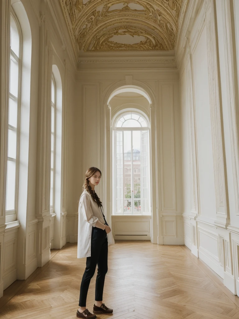 her name is Asako, high quality, 1girl, ((20-year-old fit Caucasian woman)), ((20 years old)), ((slim)), ((Fishtail Braid hair)), pose: standing, wearing aesthetic Generation-Z modern wear different colored, BACKGROUND:"Inside the Hermitage Museum, exploring its lavish halls filled with masterpieces."
