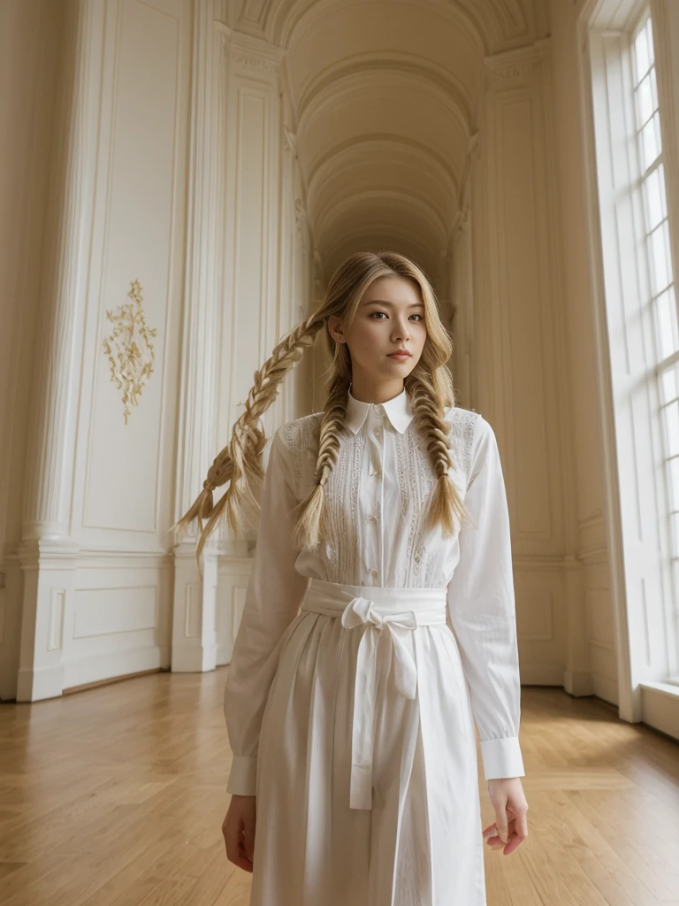 her name is Asako, high quality, 1girl, ((20-year-old fit Caucasian woman)), ((20 years old)), ((slim)), ((Fishtail Braid hair)), pose: standing, wearing aesthetic Generation-Z modern wear different colored, BACKGROUND:"Inside the Hermitage Museum, exploring its lavish halls filled with masterpieces."