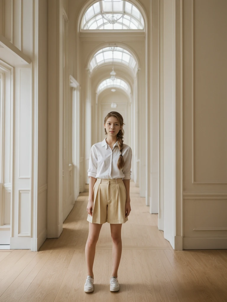 her name is Asako, high quality, 1girl, ((20-year-old fit Caucasian woman)), ((20 years old)), ((slim)), ((Fishtail Braid hair)), pose: standing, wearing aesthetic Generation-Z modern wear different colored, BACKGROUND:"Inside the Hermitage Museum, exploring its lavish halls filled with masterpieces."