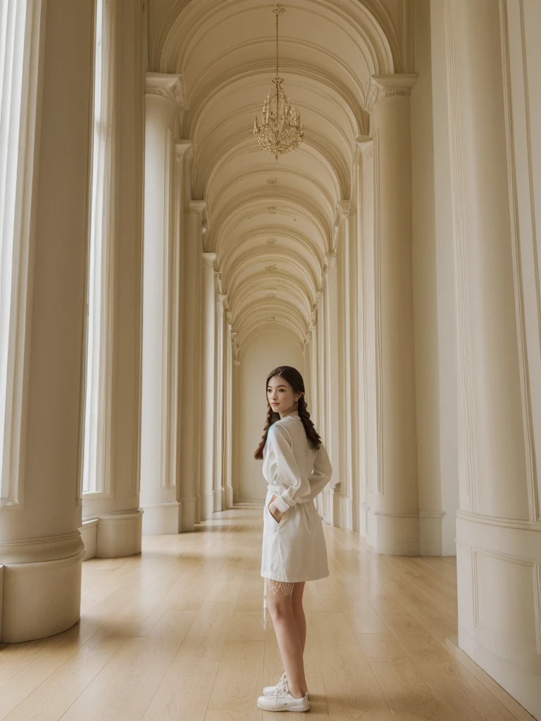 her name is Asako, high quality, 1girl, ((20-year-old fit Caucasian woman)), ((20 years old)), ((slim)), ((Fishtail Braid hair)), pose: standing, wearing aesthetic Generation-Z modern wear different colored, BACKGROUND:"Inside the Hermitage Museum, exploring its lavish halls filled with masterpieces."