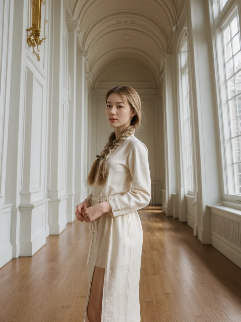 her name is Asako, high quality, 1girl, ((20-year-old fit Caucasian woman)), ((20 years old)), ((slim)), ((Fishtail Braid hair)), pose: standing, wearing aesthetic Generation-Z modern wear different colored, BACKGROUND:"Inside the Hermitage Museum, exploring its lavish halls filled with masterpieces."