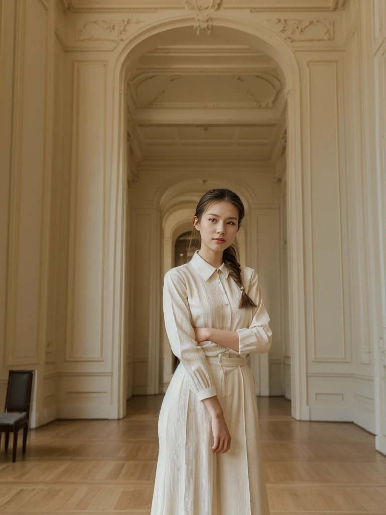 her name is Asako, high quality, 1girl, ((20-year-old fit Caucasian woman)), ((20 years old)), ((slim)), ((Fishtail Braid hair)), pose: standing, wearing aesthetic Generation-Z modern wear different colored, BACKGROUND:"Inside the Hermitage Museum, exploring its lavish halls filled with masterpieces."