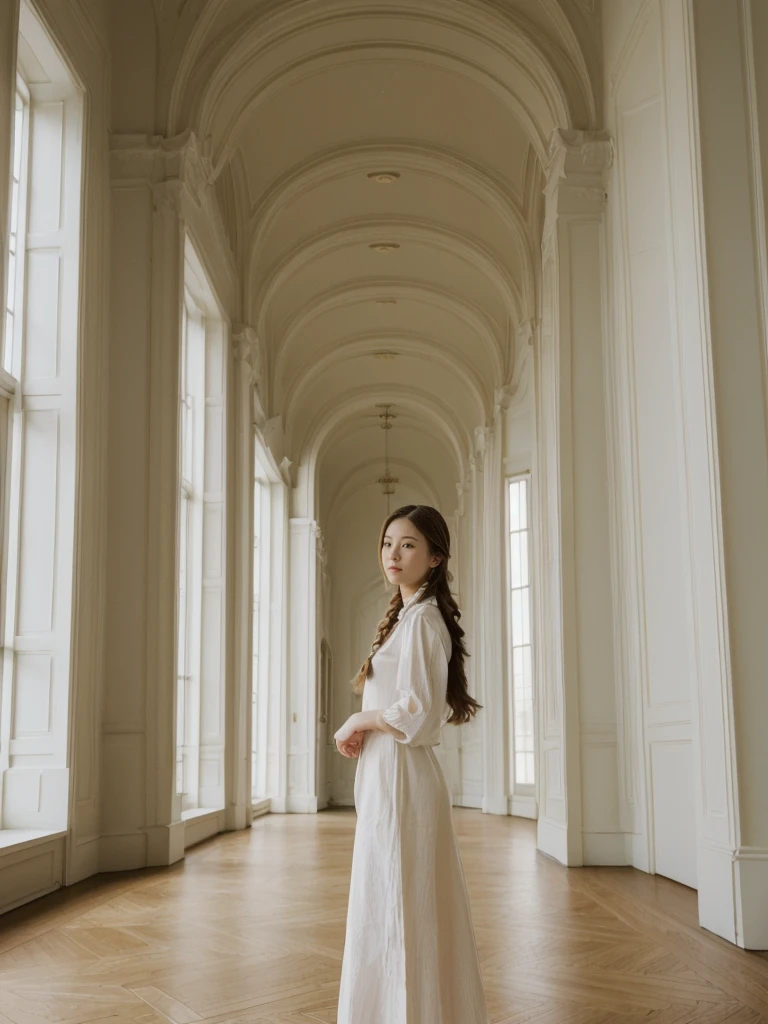 her name is Asako, high quality, 1girl, ((20-year-old fit Caucasian woman)), ((20 years old)), ((slim)), ((Fishtail Braid hair)), pose: standing, wearing aesthetic Generation-Z modern wear different colored, BACKGROUND:"Inside the Hermitage Museum, exploring its lavish halls filled with masterpieces."