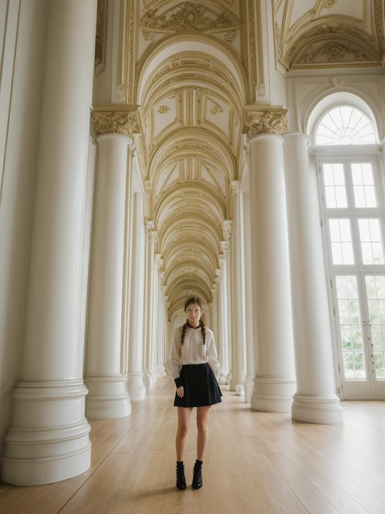 her name is Asako, high quality, 1girl, ((20-year-old fit Caucasian woman)), ((20 years old)), ((slim)), ((Fishtail Braid hair)), pose: standing, wearing aesthetic Generation-Z modern wear different colored, BACKGROUND:"Inside the Hermitage Museum, exploring its lavish halls filled with masterpieces."