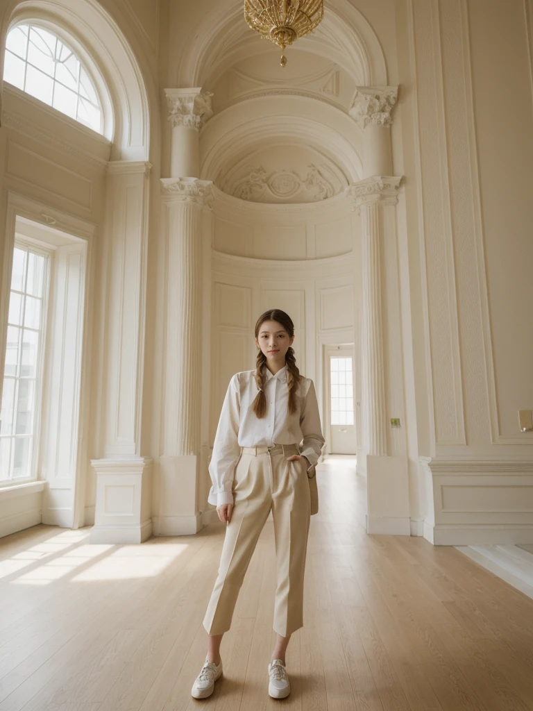 her name is Asako, high quality, 1girl, ((20-year-old fit Caucasian woman)), ((20 years old)), ((slim)), ((Fishtail Braid hair)), pose: standing, wearing aesthetic Generation-Z modern wear different colored, BACKGROUND:"Inside the Hermitage Museum, exploring its lavish halls filled with masterpieces."