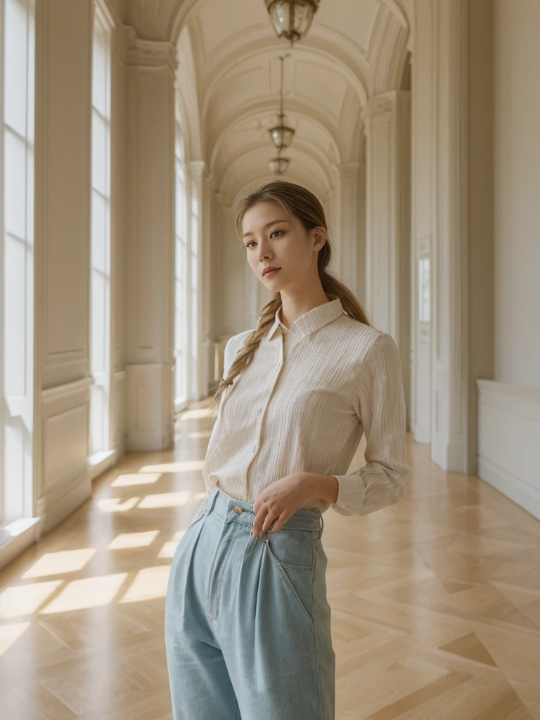her name is Asako, high quality, 1girl, ((20-year-old fit Caucasian woman)), ((20 years old)), ((slim)), ((Fishtail Braid hair)), pose: standing, wearing aesthetic Generation-Z modern wear different colored, BACKGROUND:"Inside the Hermitage Museum, exploring its lavish halls filled with masterpieces."