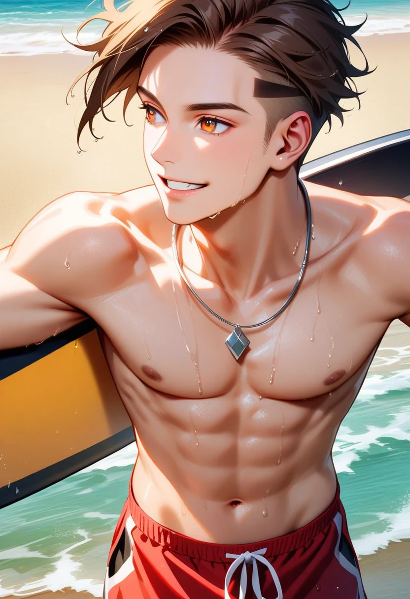 A young man, 21-years-old, solo, Caucasian, mature face, wild spiky undercut brown hair, orange eyes, cheerful smile, mouth open, no shirt, shirtless, red swimming trunks, thin silver necklace, holding a surfboard, wet, beach, looking off into the distance
