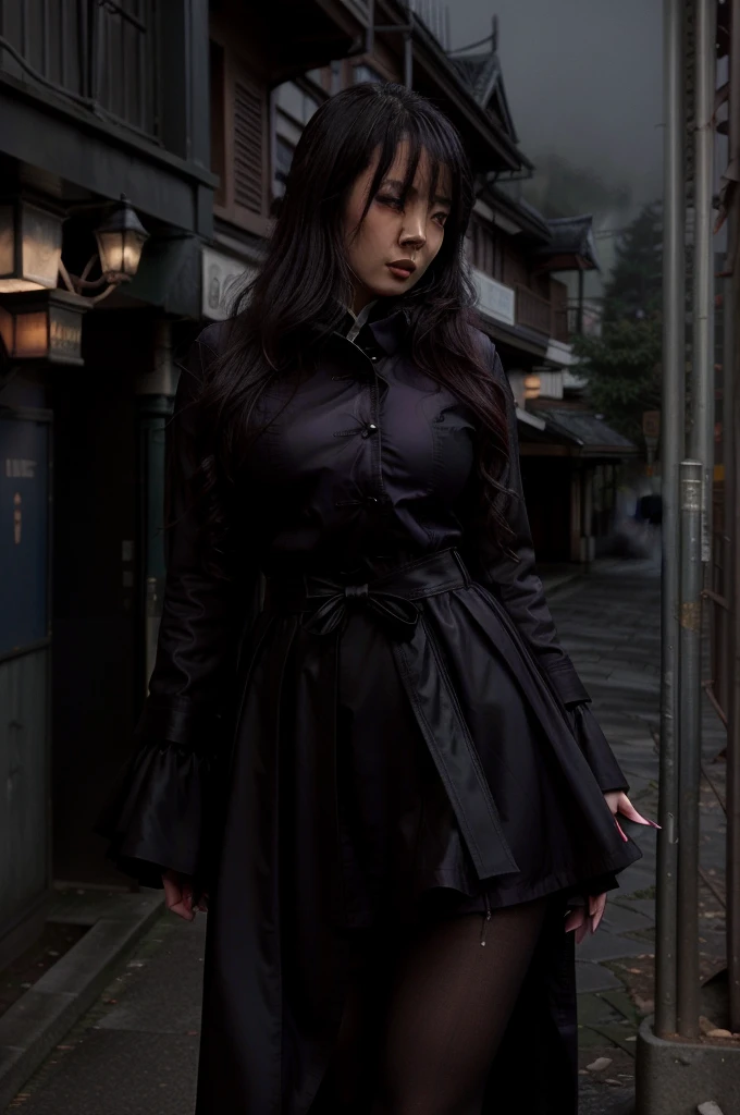 photo realist, horror themed, Underworld Theme, dark element, high quality realistic masterpiece,1 girl, (comely) Japanese woman, 27 year old, long wavy black hair, walking in the dark, misty, misty, moonlit alley,Cloudy moon room in sky in background, moonlit,with fog and shadows, frightful,natta,cinematic lighting,Dress conservatively, wearing a deep purple lace top & black double breasted coat (buttoned up) black closed coat, black medium length black skirt., Fix your hands, Detailed lips