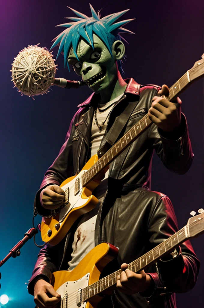 Character from the band Gorillaz as a zombie with a martini glass with a brain and playing the guitar