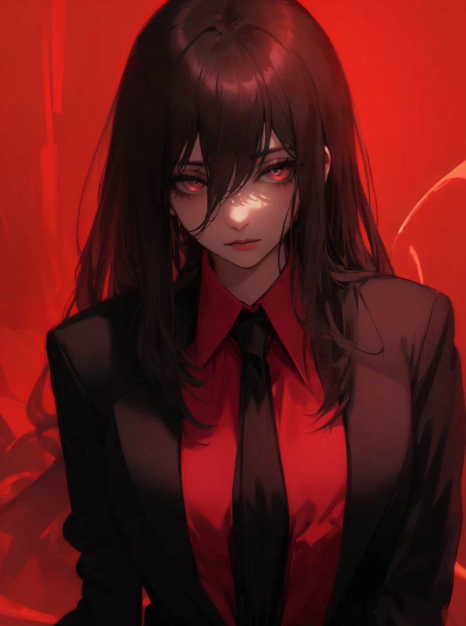 beautiful, white-skinned woman, business suit, long black hair, black eyes, looking at viewer, red background, intricate details, hyperrealistic, 8K, octane render, chiaroscuro lighting, cinematic composition, dramatic atmosphere, digital art