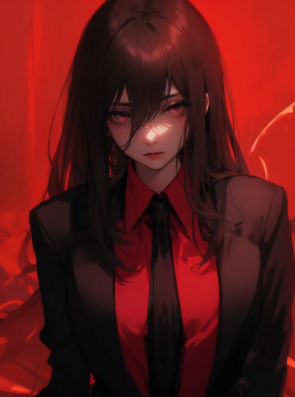 beautiful, white-skinned woman, business suit, long black hair, black eyes, looking at viewer, red background, intricate details, hyperrealistic, 8K, octane render, chiaroscuro lighting, cinematic composition, dramatic atmosphere, digital art