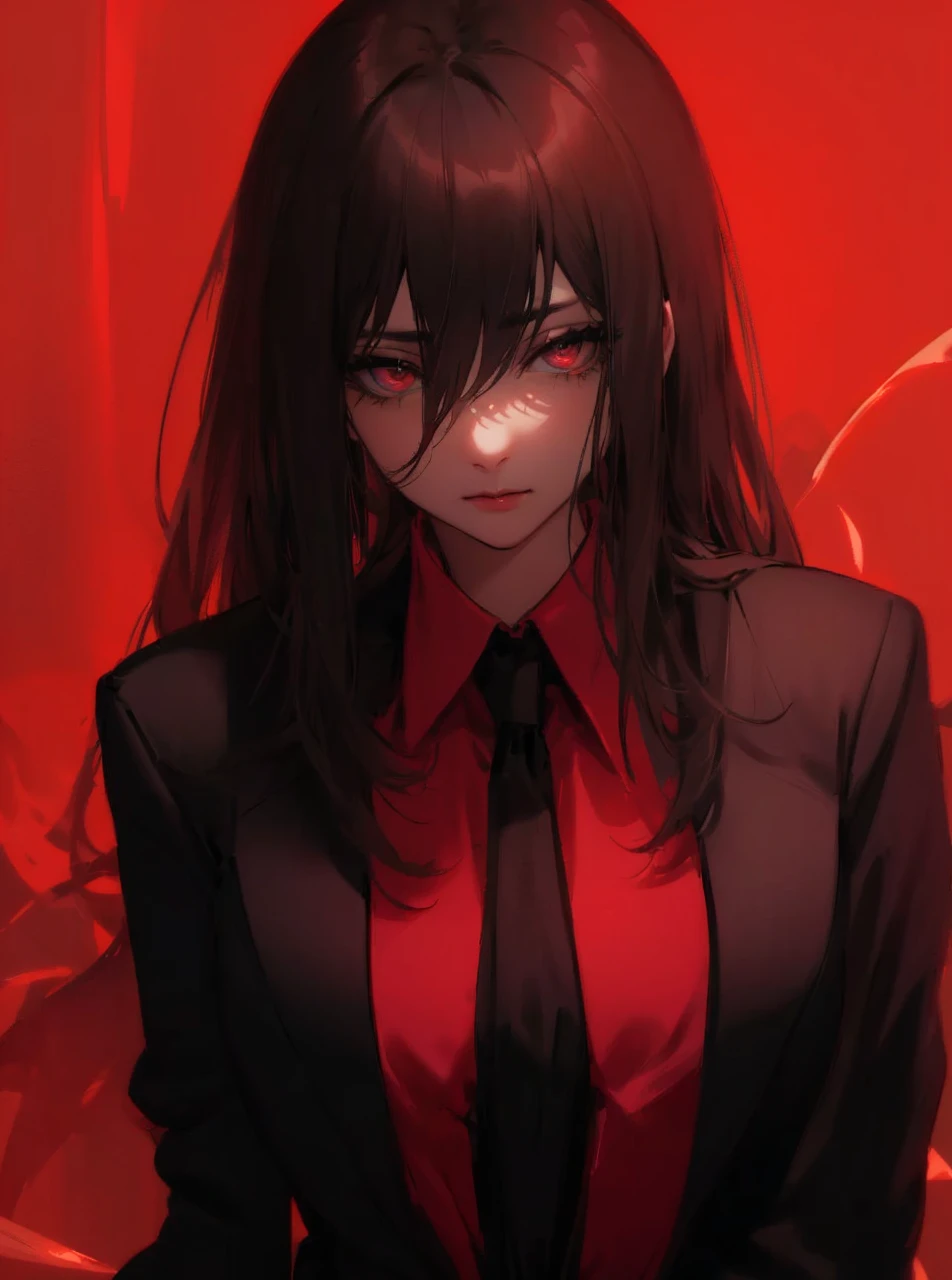 beautiful, white-skinned woman, business suit, long black hair, black eyes, looking at viewer, red background, intricate details, hyperrealistic, 8K, octane render, chiaroscuro lighting, cinematic composition, dramatic atmosphere, digital art