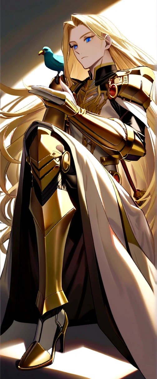 masculine, man) (just one model) (android) (blonde hair that reaches to the heels) (Blue eyes) (Slim and toned body) (She wears a tight brown bodysuit with gold details.) (laboratory background) (holding a bird in his hands) (very long hair that reaches to the heels) (man android con pájaros alrededor) (sitting with a bird perched on his hand)