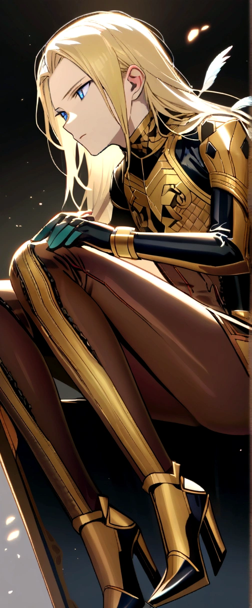 masculine, man) (just one model) (android) (blonde hair that reaches to the heels) (Blue eyes) (Slim and toned body) (She wears a tight brown bodysuit with gold details.) (laboratory background) (holding a bird in his hands) (very long hair that reaches to the heels) (man android con pájaros alrededor) (sitting with a bird perched on his hand)