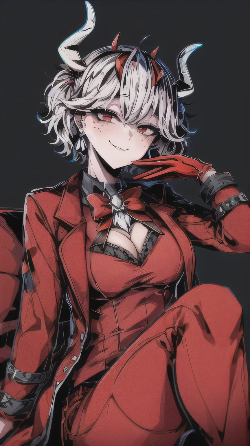 work of art,best qualityer,1 girl,belzebu,demon girl,shorth hair,antlers,demon antlers,white antlers,aretes,freckles,chemise,(red gloves),formal,suit,弓,jaket,red jaket,red pants,(half-closed eyes:0.9),drlight smile,sitting down,sofa,(black backdrop),abyss,