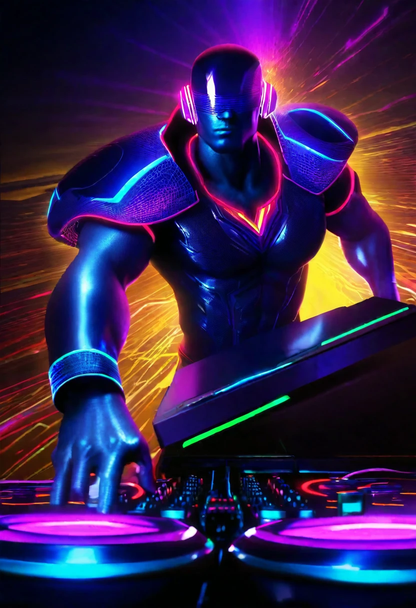 dj in a cool outfit,powerful superhero,extremely detailed,digital art,hyperrealistic,vibrant colors,dramatic lighting,cinematic composition,high quality,masterpiece,8k,photorealistic,professional,chiaroscuro,dynamic pose,futuristic setting,neon lights,volumetric lighting,intricate details,cinematic atmosphere,epic scale