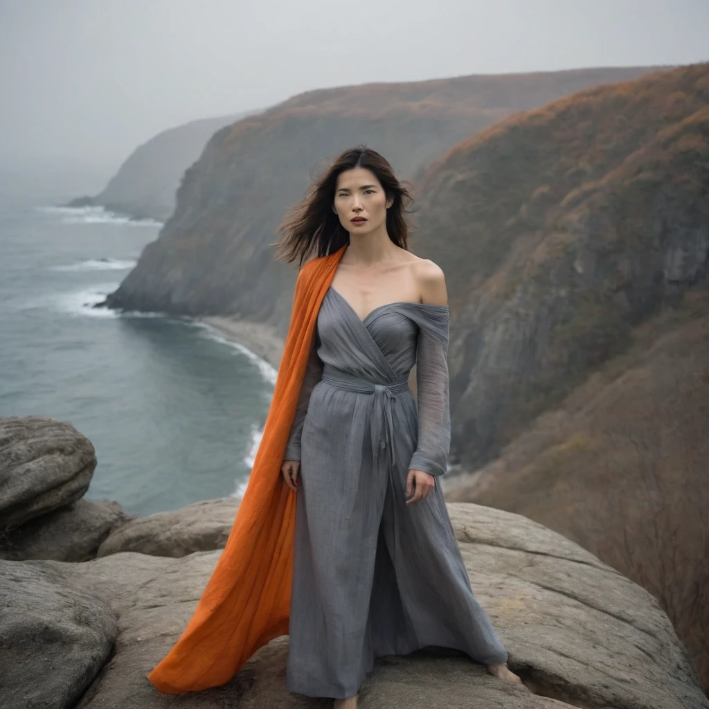 Quite a bit body of a beautiful face Korean girls on ‘cliff’ still from the film, (Cobie Smulders look alike face: 0.7), in the style of foggy valley, fighting practice photography, tangerine and fossil grey, burne-jones, photorealistic urban scenes, luminosity of water, Leica SL3, Summicron-SL 75 f/2 ASPH, MyHeart 200 film, bare shoulder, monk cloth, dynamic action pose,Mysterious
