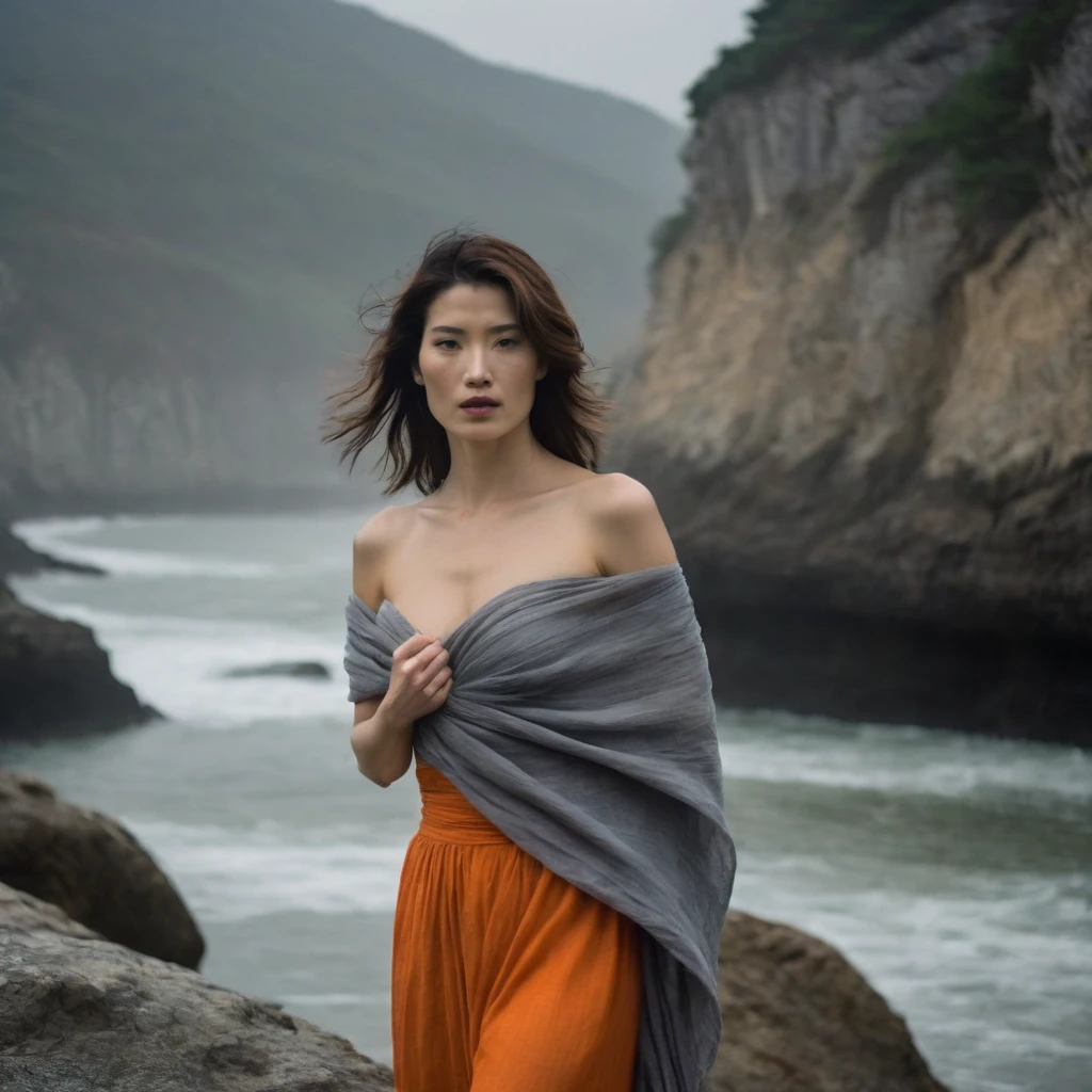Quite a bit body of a beautiful face Korean girls on ‘cliff’ still from the film, (Cobie Smulders look alike face: 0.7), in the style of foggy valley, fighting practice photography, tangerine and fossil grey, burne-jones, photorealistic urban scenes, luminosity of water, Leica SL3, Summicron-SL 75 f/2 ASPH, MyHeart 200 film, bare shoulder, monk cloth, dynamic action pose,Mysterious