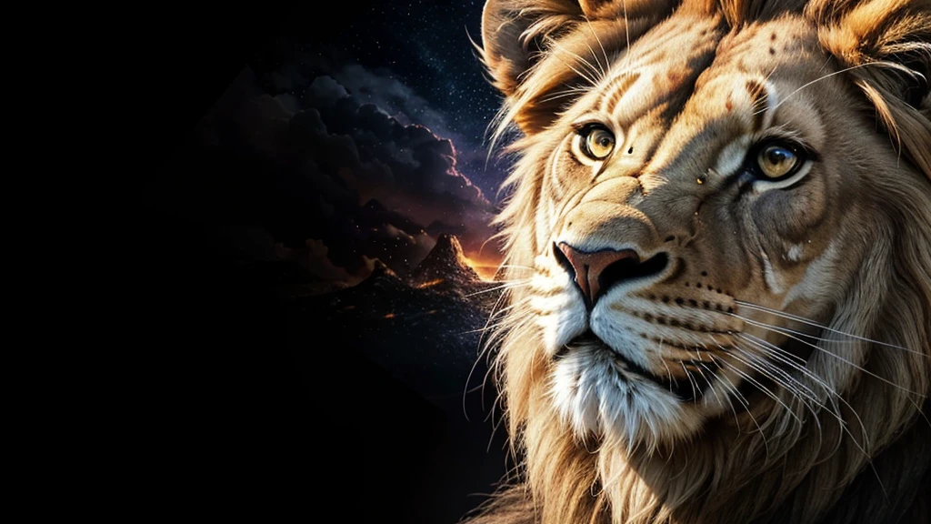 Lion, Divine Lion, naturals, naturals, ferocious, masculine, mighty, golden lion, Powerful Lion, beautiful nature, Great Realistic Lion, FullHD 8K, Light of sky, sunset night, Clear sky Sun, Black Golden, black andwhite, black and gold, detailed realistic face, 8K Detailed Realistic White Lion, Ultrarealistic 8k |Energia de thunder realista detalhada, Strong Creature realista detalhada, Strong Creature, Lion macho, Rendering, Fotorrealista 8K, UltraHD Alta definição 8K, Detailed Realistic 16K, Nitidez Fotorrealista 8K, 16K photorealistic textures, Contraste Fotorrealista 8K, Sombras Fotorrealistas 8K, Luzes Fotorrealistas 8K, Detailed realistic sunset, Detailed Realistic Lion Face, Detailed realistic light, detailed textures, thunder, detailed shadows, detailed colors, Celestial Electricity, Golden thunder, Lion realista, Ultra Realistic 16K, Realistic 16K, Realistic 16K sharpness, 16K photorealistic textures, 16K realistic colors, powerful creature, Majestic power, Power of Heaven, Great Divine, detailed contrast, realistic contrast, high resolution, detailed colors, fire, villany, divine creature, 8K, realistic detailed, 16K, 8K, High definition, detailed contrast, realistic contrast, high resolution, detailed colors, fire, villany, divine creature, realistic detailed, posh, chic