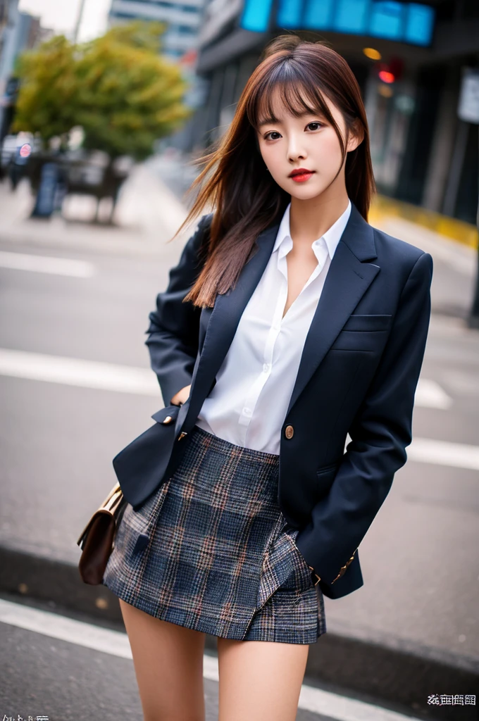 a 19 year old girl, she is the most beautiful actress in the world, the perfect body proportions of this girl, the blazer is worn on the formal shirt, her crotch area of the panties are hardly hidden by the short skirt, her bare legs, all her body is just looking straight forward to viewer of this photo, it's just no photo space above her head and below her shins, she is standing straight at the street, nsfw, best quality, highly detailed, masterpiece, ultra high res, photo realistic, 8k, RAW photo