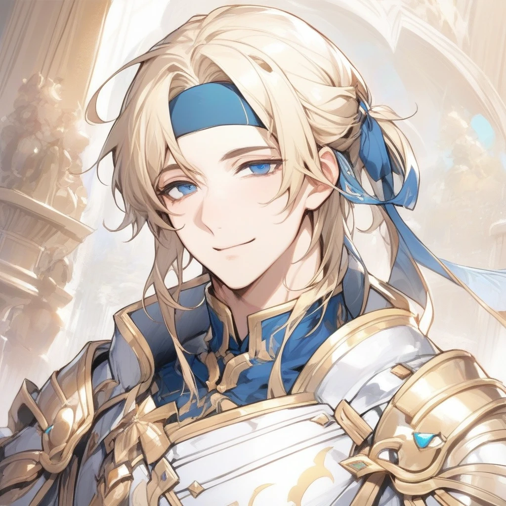 ((Highest quality)), ((masterpiece)), ((1boy)), ((独奏)), (Holy Knight), ((Blonde hair, blue eyes, adult male)), (27 years old), ((Blue headband)), ((light smile)), ((A gentle handsome man)), ((Droopy eyes)), (tareme), ((Silver Armor)), (Fine decoration of gold)