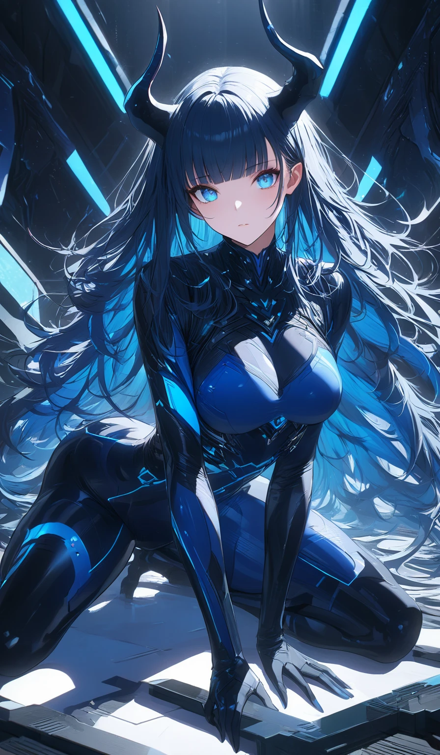 Masterpiece, very detailed, ultra-detailed, one, A beautiful woman is a sporty body, she is in futuristic blue armor with bright black details, in a stable position, long hair, wild hair and straight bangs, bright blue hair, blue demonic horns, beautiful, charming, bright blue eyes, elegant, cold-blooded face, charming, against the background of a futuristic laboratory.
