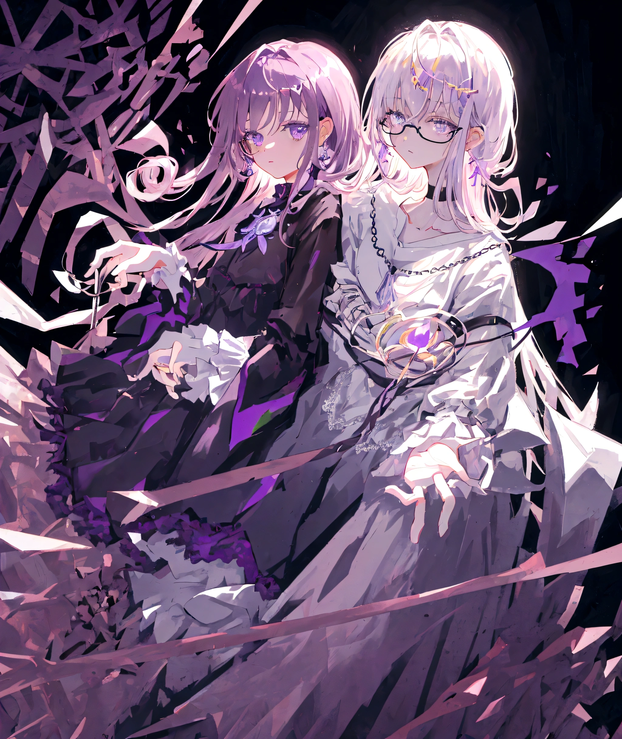 1. **Style and setting:** - The illustration must have a detailed and realistic anime style. - The setting must be dark, with predominantly purple and lilac tones, suggesting a nocturnal or dark interior atmosphere. 2. **Main character:** - **Face and expression:** - The character must have a young and feminine face, with a serene and slightly pensive expression. - Large and bright eyes, deep violet with luminous details. - Long and defined eyelashes. - Soft and well-defined lips, with a slight pink sheen. - **Hair:** - Deep purple hair, with lighter highlights to give depth and volume. - Hairstyle with soft curls and volume, partially gathered with a decorative clip. - The clip must have details in pastel colors, especially pink and yellow, with a delicate design. 3. **Accessories:** - **Glasses:** - Thin-framed, translucent glasses in lilac tones. - Large glasses that frame the character's eyes well. - **Jewelry:** - Long, elegant earrings with details in purple and silver tones. - Delicate necklace with a small pendant, with silver details and a touch of lilac. - Dark purple ribbon choker with a minimalist design. 4. **Clothing:** - **Top:** - Black blouse with lace details on the edges. - Moderate V-neckline, showing an additional necklace with a simpler design. - **Accessories:** - A light jacket or cape over the shoulders, also in dark tones, probably black or a very dark purple. - Additional details in the clothing should include small flashes or reflections that follow the predominant color scheme. 5. **Background:** - Dark background, but not completely black, with subtle gradients of purple and dark blue. - Add diffuse elements in the background to give depth, such as soft, diffused lights that suggest a dim room or interior space. - Include a thin frame around the illustration in a shade slightly lighter than the background, to highlight the main character.
