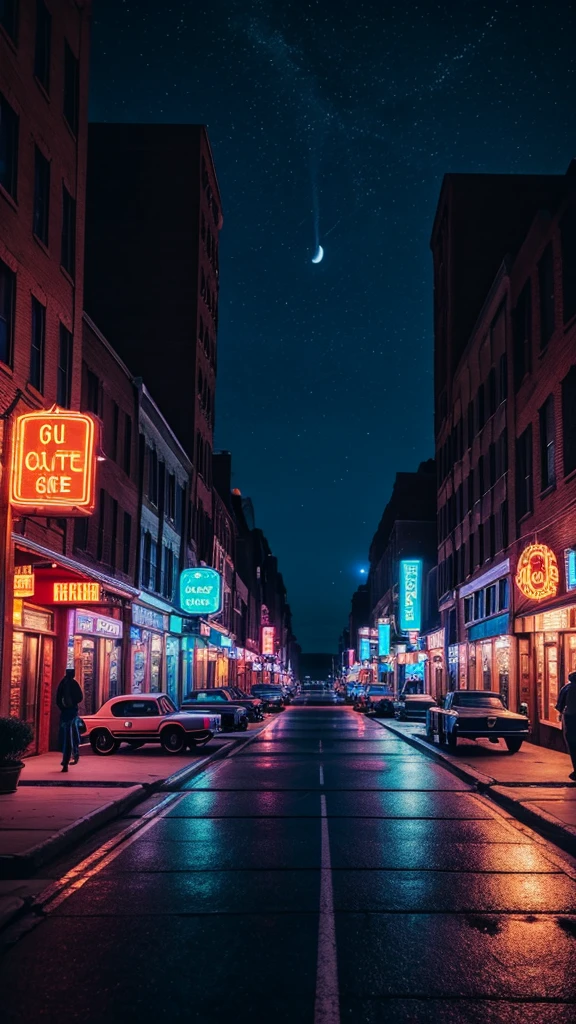 a night scene of an 80s neighborhood with trees on the sidewalks and no one on the street, beautiful night sky, neon lights, vintage cars parked on the street, brick buildings, warm lighting, atmospheric mood, highly detailed, cinematic, hyper realistic, 8k, photorealistic, masterpiece